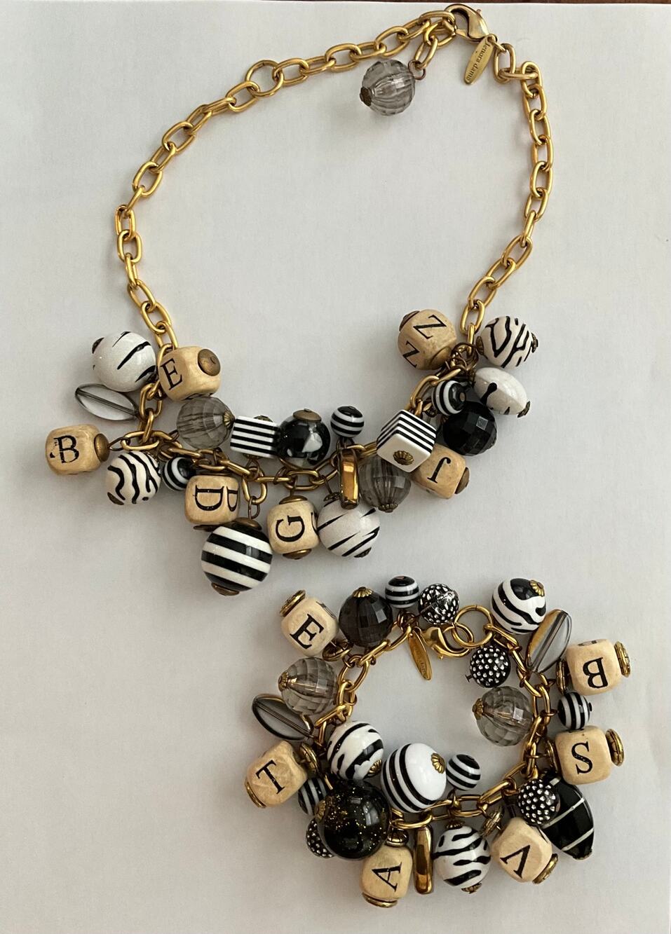 Lenora Dame Iconic Alphabet Charm Necklace & Matching Bracelet Set Wood Zebra